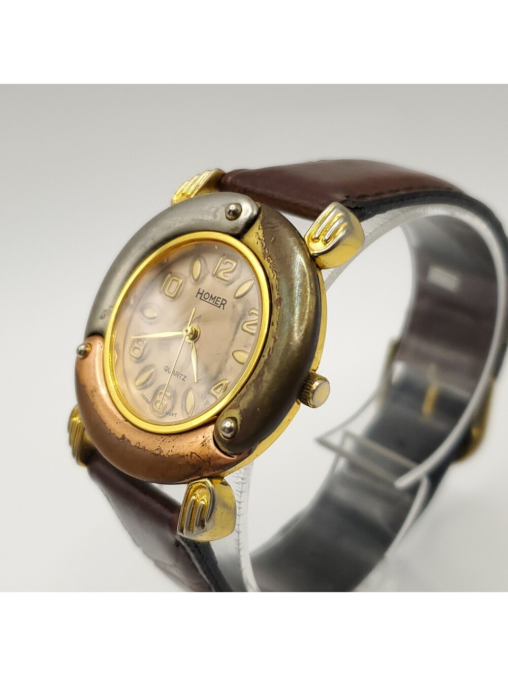 Homer Quartz Three Tone Bezel Watch New Battery 33mm Brown Leather Band - Picture 3 of 16